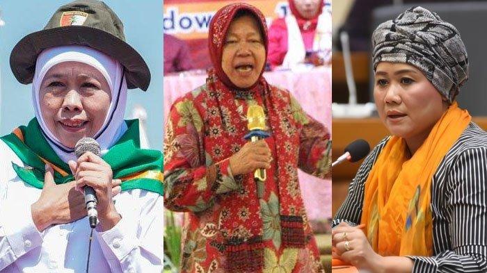 Kolase Calon Gubernur Jawa Timur di Pilgub Jatim 2024, Khofifah Indar Parawansa, Tri Rismaharini, dan Luluk Nur Hamidah.