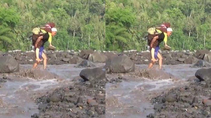 Kisah Orangtua Siswa Gendong Anaknya Sebrangi Lahar Gunung untuk Sekolah, Tiap Banjir selalu Cemas
