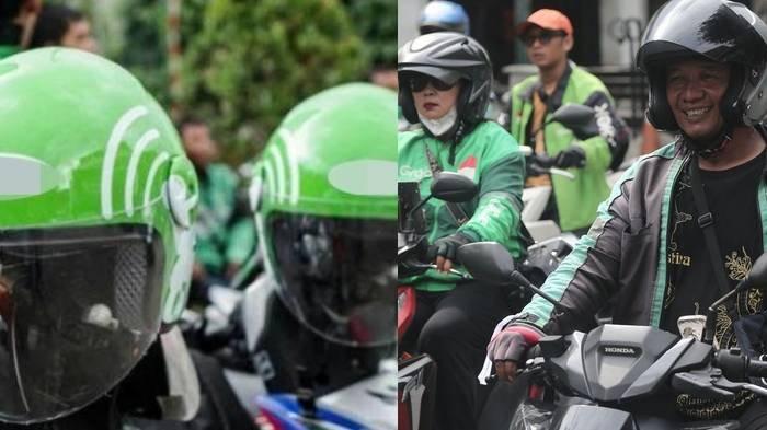 KISAH OJOL - (Kiri) Ilustrasi helm ojol. (Kanan) Para ojol saat berdemo melintasi Jalan Malioboro, Selasa (20/5/2025).
