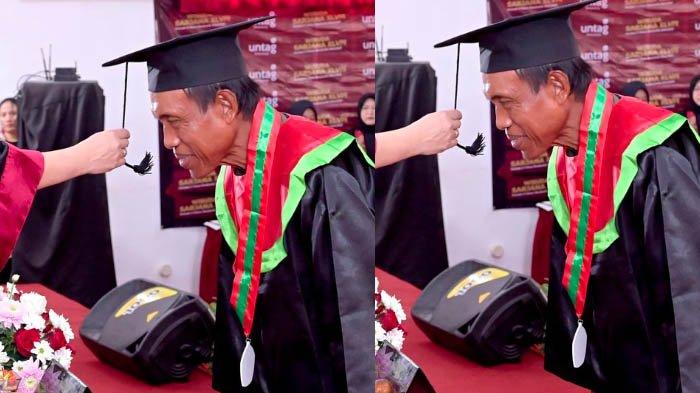 KAKEK JADI SARJANA - Momen kelulusan Mbah Suriyono dan resmi menjadi Sarjana Agroteknologi Pertanian. Ia menjalani wisuda pada usia 60 tahun di Universitas 17 Agustus 1945 (Untag) Banyuwangi.
