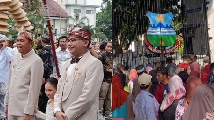 DUKA - Anggota DPRD Jawa Barat Maula Akbar ditemani sang ayah, Gubernur Jawa Barat Dedi Mulyadi sebelum melaksanakan akad nikah pada Rabu (16/7/2025). dan suasana gerbang barat Alun-Alun Garut untuk antre makan gratis dalam acara pernikahan Maula Akbar dan Putri Karlina, sebelum insiden maut terjadi. Tiga orang dikabarkan meninggal akibat berdesakan. Dedi Mulyadi mengaku menyesal dan berduka.