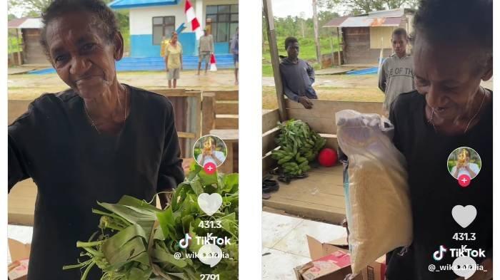 Nenek membawa sayuran dan cabai datang ke rumah Bidan Wike Afrilia untuk ditukar dengan beras.