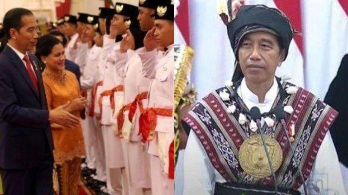 Presiden Joko Widodo (kiri) menyalami anggota Pasukan Pengibar Bendera Pusaka (Paskibraka) saat upacara pengukuhan di Istana Negara, Jakarta, Kamis (15/8/2019). - Jokowi terima dihina tolol dan plonga-plongo.