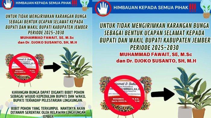 PELANTIKAN KEPALA DAERAH: Imbauan larangan membawa karangan bunga untuk Bupati Jember Muhammad Fawait dan Wakilnya Djoko Susanto saat pelantikan, Rabu (19/2/2025) Pendukung Pasangan Kepala Daerah ini diminta membawa bibit pohon.