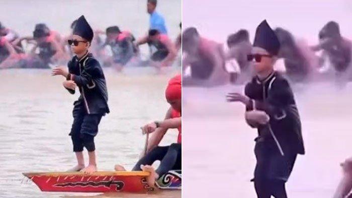 TREN AURA FARMING - Tangkapan layar penampilan Rayyan Arkan Dhika menari di ujung sampan saat lomba Pacu Jalur di Kuantan Singingi (Kuansing), Riau, mendadak jadi tren viral. Populer dengan backsound konten Young Black & Rich - Melly Mike.