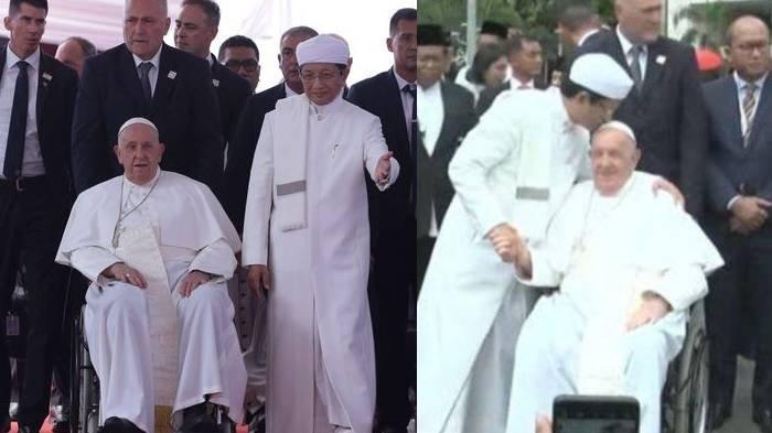 Paus Fransiskus bersama Imam besar Masjid Istiqlal Prof. Dr. KH Nasaruddin Umar, MA berjalan bersama, di Masjid Istiqlal, Jakarta, Kamis (5/9/2024).