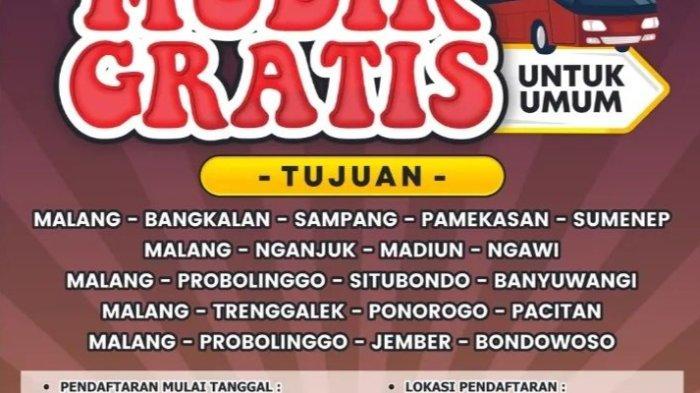 Pemerintah Kabupaten Malang menyediakan mudik gratis untuk Hari Raya Idul Fitri 1445 Hijriah. Ada lima rute tujuan mudik gratis ke beberapa wilayah Jawa Timur.