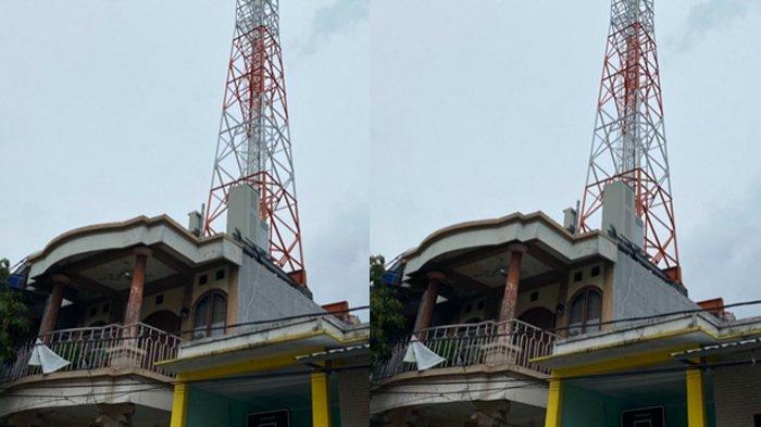 WARGA KALAH GUGATAN - Tower di atas atap perumahan Telaga Emas, Kelurahan Harapan Baru, Bekasi Utara, Senin (3/2/2025). Warga tetangga Sri Wulandari mengeluhkan nasib mereka setelah kalah gugatan terhadap pembongkaran tower provider di atap rumah salah satu warga Perumahan Telaga Emas.