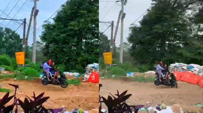 Pengendara sepeda motor Honda PCX rem blong ditumpangi satu keluarga menabrak tumpukan sekam di jalur penyelamat, kawasan Gotean jalan Cangar-Pacet, Kabupaten Mojokerto, Rabu (3/1/2024).