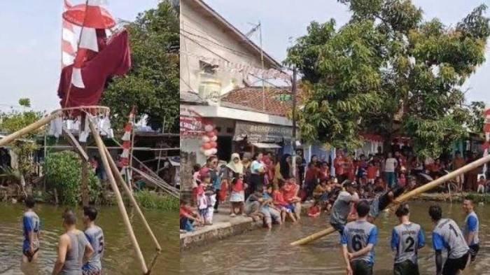 Warga RW 16 Kelurahan Solokpandan, Kecamatan Cianjur, Kabupaten Cianjur adakan perlombaan panjat pinang berhadiah janda muda, Sabtu (18/8/2024).