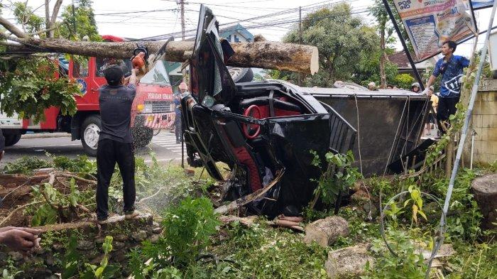 TEBANG POHON - Petugas DLH Pacitan saat melakukan penebangan pohon di Jalan Tentara Pelajar Masuk Dusun Tegalrejo Desa Nanggungan, Kecamatan/Kabupaten Pacitan, Jawa Timur, Kamis (30/1/2025) siang. Kecelakaan tunggal pikap di lokasi menabrak pohon dan terguling.