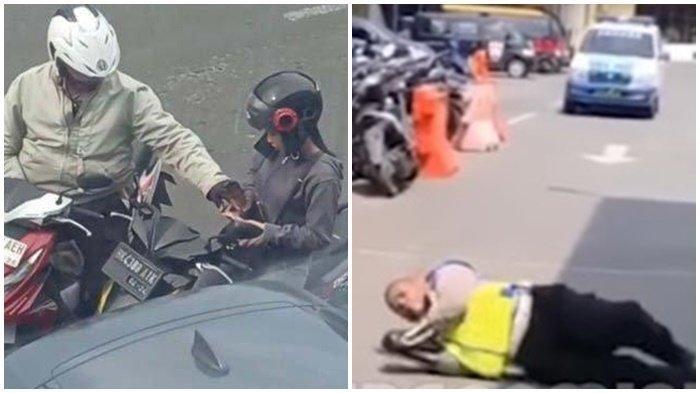 HUKUMAN AIPTU RH - Aiptu RH ketika terekam video sedang memalak seorang pengendara motor. Setelah viral dan diusut propam polri, kini oknum polisi tersebut dihukum berguling di aspal dan ditempatkan khusus, terancam mutasi.