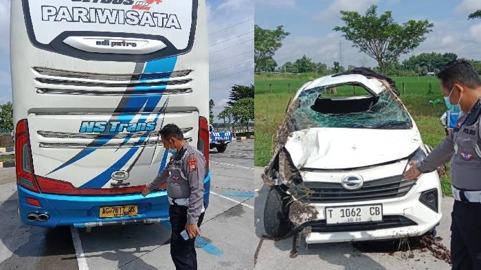 Polres Ngawi saat melakukan Olah TKP kecelakaan yang melibatkan mobil dengan bus, di Tol Solo - Ngawi KM 566+ 800 A, masuk Desa Bangunrejo Kidul, Kecamatan Kedunggalar, Kabupaten Ngawi, Minggu (26/1/2025).