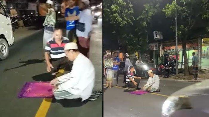 Pria salat di tengah jalan raya Gresik, Kamis (10/8/2023) malam. Ternyata warga Lamongan