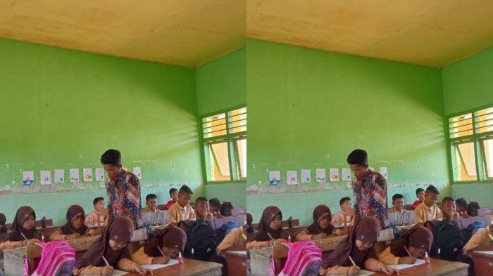 GURU HONORER DIPECAT - Pak Guru Rasulullah (43) saat mengajar di Sekolah Dasar Negeri (SDN) Torjek II, Desa Torjek, Kecamatan Kangayan, Pulau Kangean, Kabupaten Sumenep, Jawa Timur. Rasul baru-baru ini dipecat sepihak karena memotret rumah penerima bantuan yang dikorupsi.
