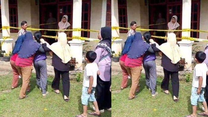 TERIAKAN - Orang tua korban histeris di Tribundepan rumah Tempat Kejadian Perkara pada Selasa (10/6/2025). Resma Reta (23), perempuan muda di Curup, Bengkulu, ditemukan tewas penuh luka. Dibunuh saat ngobrol lewat Discord. Teman korban panik.