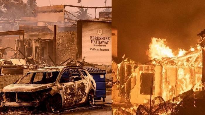 Rumah yang terbakar akibat kebakaran Los Angeles di titik api Palisades Fire, di Pacific Coast Highway, Negara Bagian California, Amerika Serikat, Rabu (8/1/2025).