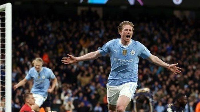 Selebrasi gelandang Manchester City, Kevin De Bruyne, seusai membobol gawang Real Madrid pada leg kedua perempat final Liga Champions di Stadion Etihad, Rabu (17/4/2024) atau Kamis dini hari WIB.