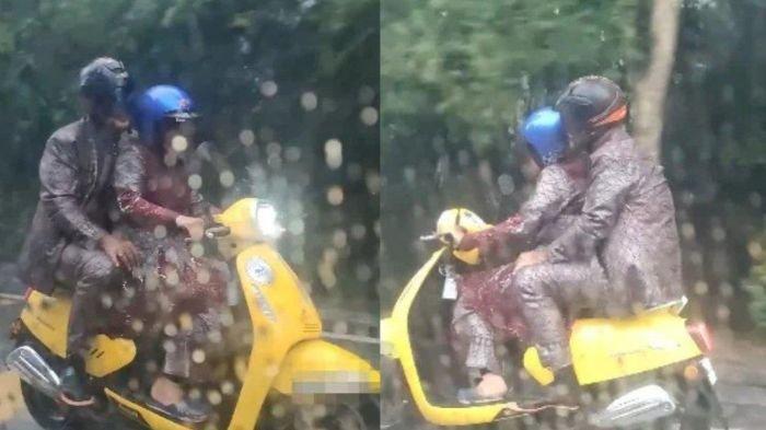 Sepasang pengantin masih pakai baju pernikahan menerjang hujan menaiki motor di Malaysia
