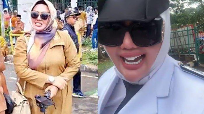 KADES LEDEK BUPATI - (kiri) Potret Kades Gunung Menyan Wiwin Komalasari saat mengikuti demo di Jakarta menuntut anggaran desa beberapa waktu lalu. (kanan) Kades Hedon dari Gunung Menyan Bogor Wiwin Komalasari mengaku geli mendapat berkat dari acara Bupati Bogor Rudy Susmanto, Sabtu (22/2/2025). Kades Wiwin Komalasari memang kerap viral kali ini ia terlihat geli melihat isi bingkisan acara pelantikan Bupati Bogor.