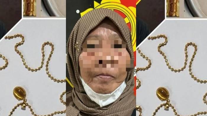 TAMPANG NENEK TIPU TOKO EMAS - Supraptini (62), warga Desa Manisrejo, Kecamatan Taman, Kabupaten Madiun penjual emas palsu di Sragen. Sejumlah barang bukti yang diamankan polisi.