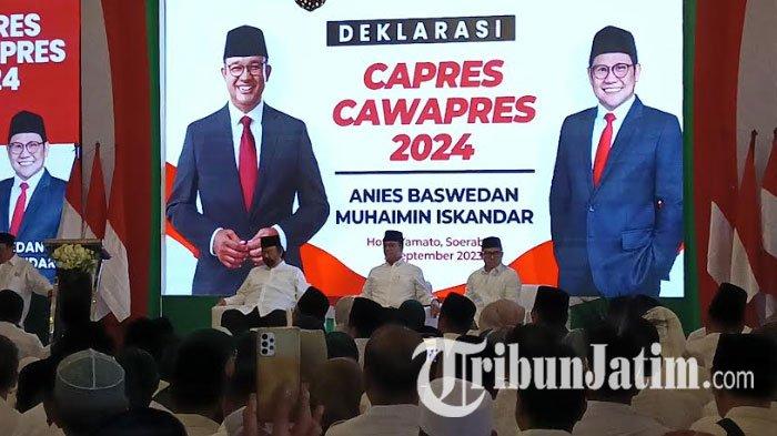Surya Paloh mengibaratkan kecocokan pasangan Anies Baswedan-Muhaimin Iskandar, sebagai botol ketemu tutupnya. deklarasikan Anies-Muhaimin sebagai pasangan di Pilpres 2024 berlangsung di Hotel Majapahit Kota Surabaya, Sabtu (2/9/2023)
