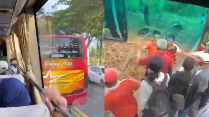 Tangkapan layar saat awak bus bersitegang dan hampir adu jotos di jalur Lamongan-Surabaya pada Sabtu (18/11/2023). Ulahnya yang membahayakan diklaim wajar.