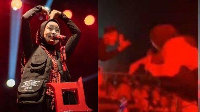 Tantri Kotak jatuh dari panggung ketinggian 2 meter saat manggung di Cianjur Jawa Barat pada Sabtu (13/7/2024) malam.