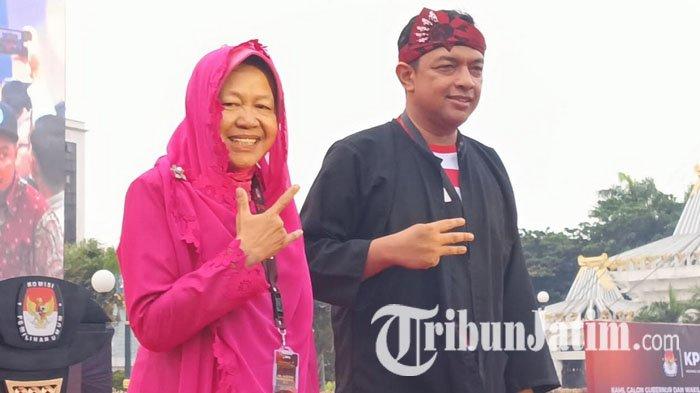 Pasangan Calon Gubernur dan Wakil Gubernur Jatim nomor urut 3, Tri Rismaharini-KH Zahrul Azhar Asumta atau Risma-Gus Hans saat hadir dalam deklarasi kampanye damai di Halaman Tugu Pahlawan Surabaya, 2024.
