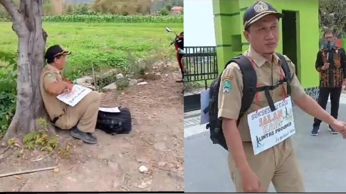 Detik detik Guru Bahasa Jawa Andrianto, berpamitan kepada murid dan guru SMPN 2 Plaosan Magetan, sebelum memulai berjalan kaki lintas provinsi Jawa Timur-Jawa Tengah.