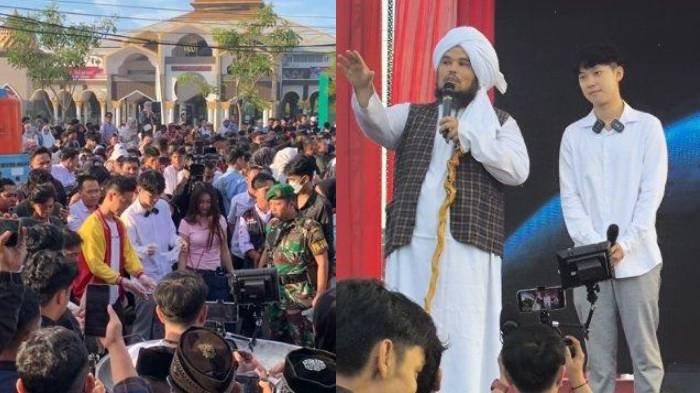 MASAK BESAR BENGKULU - Warga Bengkulu tampak antusias mengikuti acara Masak Besar yang digelar di halaman Masjid Baitul Izzah, oleh konten kreator Willie Salim dan Ustadz Derry Sulaiman pada Rabu (9/4/2025).