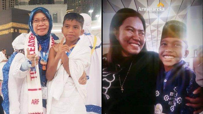 VIRAL BERANGKAT UMRAH - (Kiri) Foto Nur Aini bersama Khenzy Azzickra Al Furqan saat melaksanakan ibadah umrah pada Februari 2025 kemarin dan (Kanan) Tangkap layar video viral ibu non muslim berangkatkan umrah anaknya yang masih SD.