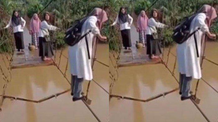 JEMBATAN RUSAK - Tangkapan layar video guru SD menyeberangi sungai lewat jembatan rusak. Bahkan guru terpaksa jalan lewat tali jembatan, Senin (12/5/2025).
