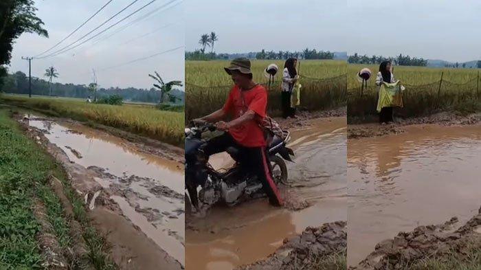 JERITAN BU GURU - Tangkapan layar video seorang guru jatuh ke kubangan saat berangkat ke sekolah menangis meluapkan kekesalan, viral di media sosial, dikutip dari Instagram @unikinfold, (3/3/2025). Sang guru menangis menjerit meluapkan kekesalan jalan rusak hingga mengadu ke Presiden Prabowo