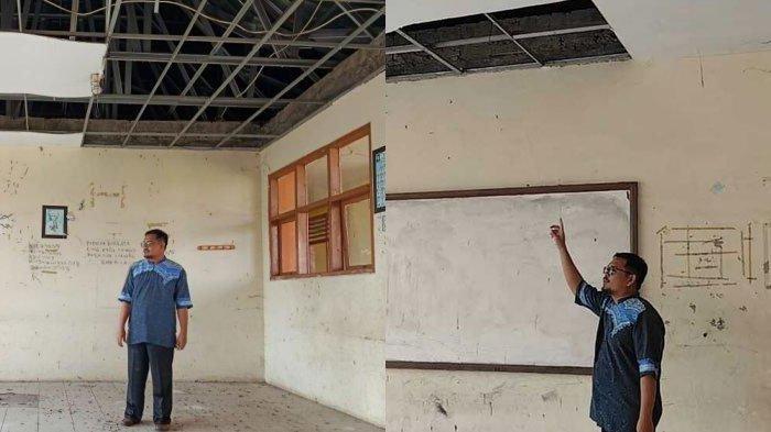 MIRIS - Wahyu Hidayat, Kepala SMK Veteran Cirebon menunjukkan kelas yang tak terisi murid hingga atap jebol. Tahun ini, sekolah hanya dapat 11 murid baru. Guru lulusan S1 juga hanya digaji Rp300 ribu, Jumat (11/7/2025).