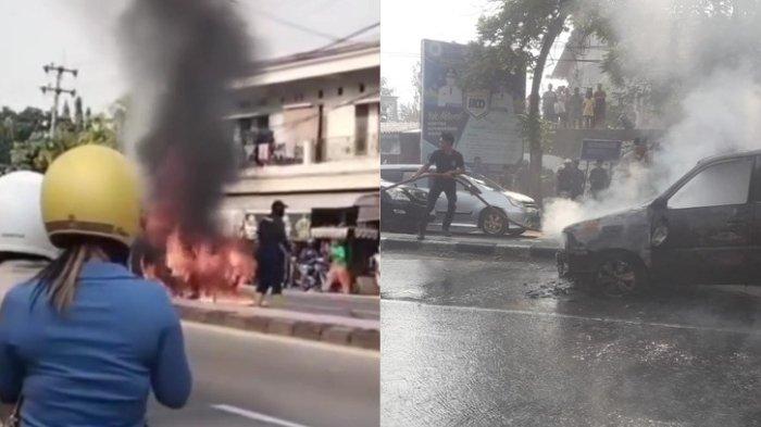 Api membakar mobil Kijang di pertigaan jalan nasional Babat Lamongan, Minggu (26/5/2024).