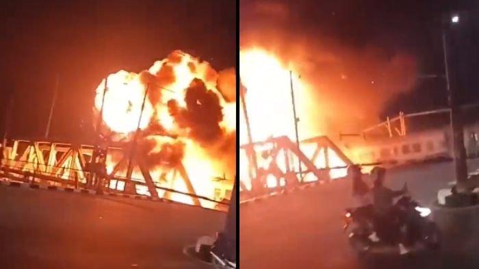 Tangkapan layar video kecelakaan kereta Api (KA) Brantas tabrak truk trailer di perlintasan Jalan Madukoro Raya, Semarang, Jawa Tengah pada Selasa (18/7/2023) malam.