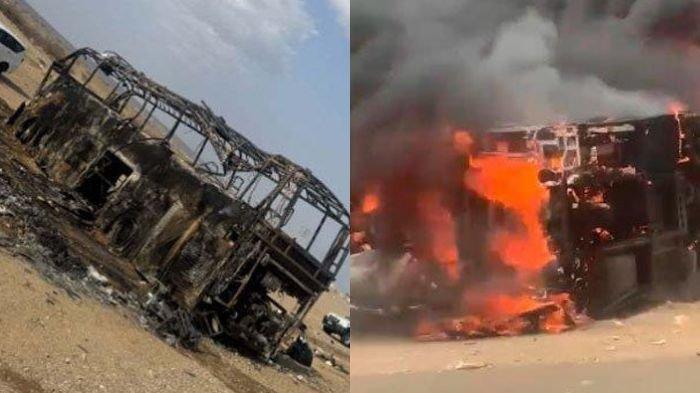KECELAKAAN BUS JEMAAH UMRAH - Potret kerangka bus jemaah umrah setelah mengalami kecelakaan di Jeddah, Kamis (20/3/2025). Satu dari enam korban tewas adalah anggota DPRD Bojonegoro, Eny Soedarwati. Eny ternyata tak sendiri. Dia mengajak keponakannya, Fabian R Respati yang diketahui selamat dari kecelakaan maut ini.