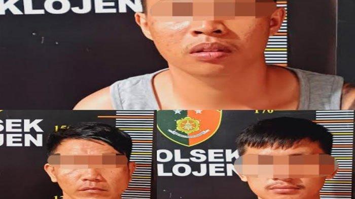 Ketiga tersangka komplotan ganjal ATM saat ditangkap Unit Reskrim Polsek Klojen.