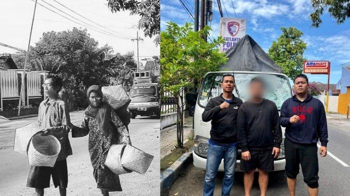 SEHIDUP SEMATI - Pasangan lansia sehidup semati Suwondo-Tukijah saat berjalan berjualan anyaman beberapa waktu lalu menjadi korban tabrak lari, di Jalan Raya Mlarak termasuk Desa Mlarak Kecamatan Mlarak Kabupaten Ponorogo Jatim. Kanit Gakkum Satlantas Polres Ponorogo, Iptu Abdul Kholik (kiri) bersama pelaku tabrak lari RN (tengah) dan petugas Gakkum Satlantas Polres Ponorogo.