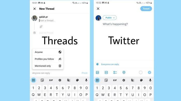 Perbandingan tampilan ketika memposting Threads dan Twitter.