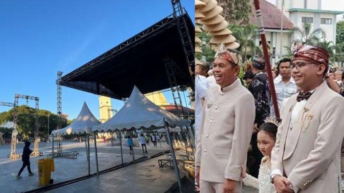 ARTIS BATAL TAMPIL - Panggung megah bertajuk pesta rakyat dalam rangkaian acara pernikahan pernikahan putra Gubernur Jawa Barat Dedi Mulyadi, Maula Akbar dan Wakil Bupati Garut, Putri Karlina terlihat telah dibongkar pada Sabtu (19/7/2025) pagi. (Tribunnews.com/ Fransiskus Adhiyuda).