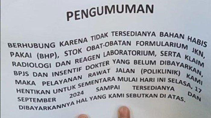 Surat edaran pengumuman poli umum RSUD tutup kehabisan obat viral di media sosial.