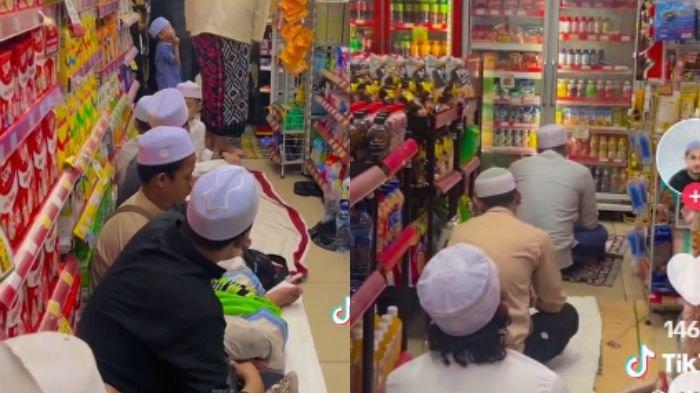Tangkapan layar jamaah salat tarawih di lorong minmarket di Kota Bogor. Videonya viral di media sosial.