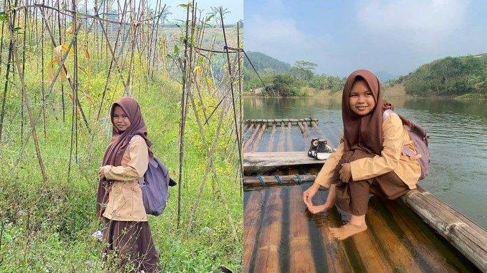 NAIK TURUN BUKIT - Pelajar SMAN 1 Saguling, Kabupaten Bandung Barat (KBB), Nera Nur Puspista, naik turun bukit untuk menuju ke sekolah, Rabu (14/5/2025). Ia juga harus menyeberangi perairan Waduk Saguling dengan naik rakit.