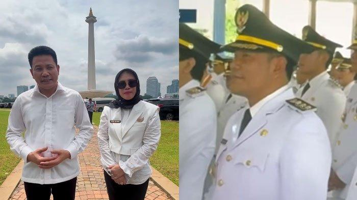 PELANTIKAN - Bupati Sidoarjo periode 2025-2030, Subandi bersama Wakil Bupati Sidoarjo, Mimik Idayana dilantik Presiden Prabowo di halaman tengah Istana Kepresidenan Jakarta, Kamis (20/2/2025) pagi. Subandi dulunya ikut kakak usaha potong ayam.