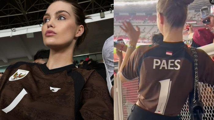 MODEL DUNIA - Model Belanda, Luna Bijl. Ia mengenakan jersey coklat dengan nama Paes yang merupakan kiper Timnas Indonesia. Luna, kekasih Maarten Paes ini dijuluki pembawa hoki tiap Timnas tampil, Selasa (25/3/2025).