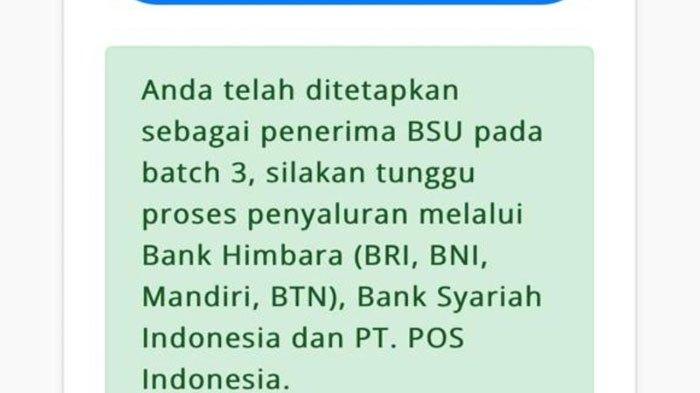 TANDA TERIMA BSU - Tangkapan layar status NIK ditetapkan sebagai penerima BSU 2025. PT POS Indonesia memberikan solusi jika calon penerima BSU belum terima notifikasi dari bank, Senin (7/7/2025).