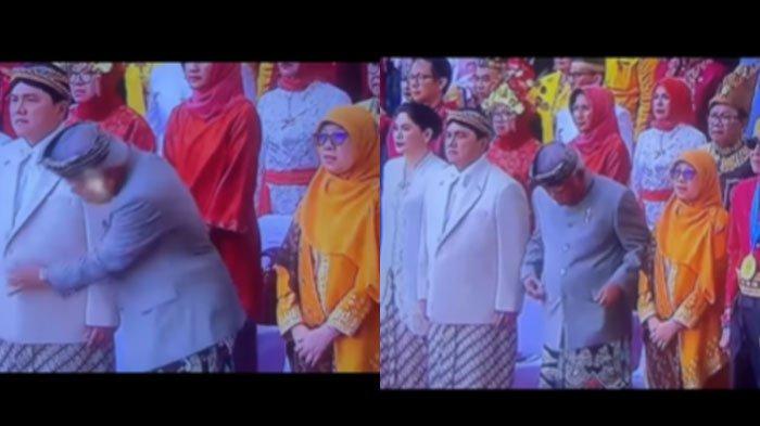 Tangkapan layar video viral Menteri Basuki usil ke Menteri BUMN, Erick Thohir di upacara HUT ke-78 RI, Kamis (17/8/2023).