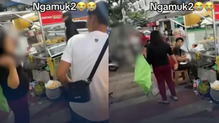 Tangkapan layar video viral emak-emak ngamuk maksa minta sedekah ke pedagang cilok dan tahu.